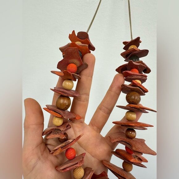 Vintage 70’s Beaded Wooden & Chain Statement Necklace Orange & Brown 30" - Picture 1 of 11